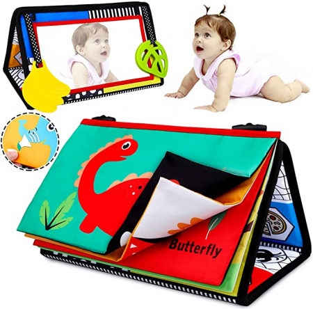 Jocuri si Jucarii - Jucarie carte Montessori bebelusi, cu oglinda, pagini fosnitoare si doua jucarii gingivale, Pinguini