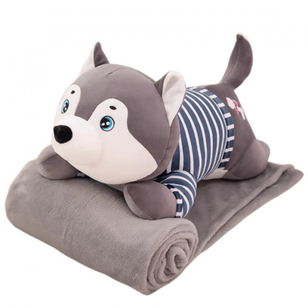 Plusuri pentru bebe - Jucarie de plus si perna cu patura inclusa, Cainele husky gri