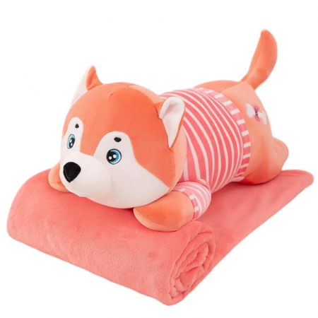 Jocuri si Jucarii - Jucarie de plus si perna cu patura inclusa, Cainele husky roz