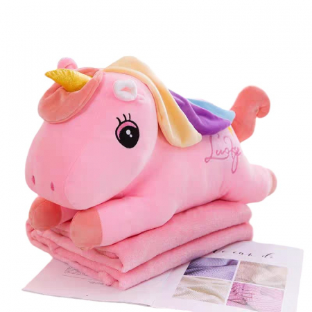 Jocuri si Jucarii - Jucarie de plus si perna cu patura inclusa, Unicornul roz