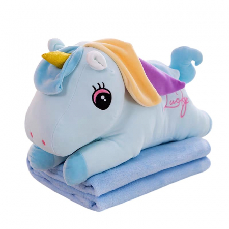 Jocuri si Jucarii - Jucarie de plus si perna cu patura inclusa, Unicornul bleu