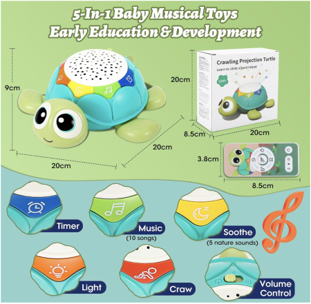 Jucarie interactiva bebelusi 5 in 1 – Testoasa muzicala cu lumini, proiectie si telecomanda [5]