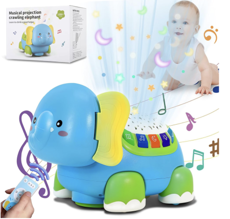 Jocuri si Jucarii - Jucarie interactiva bebelusi – Elefantul muzical cu lumini, proiectie si telecomanda