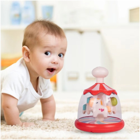 Jucarii pentru bebe - Jucarie interactiva bebelusi Caruselul Rotativ al Calutilor, 15x15x20 cm, rosu