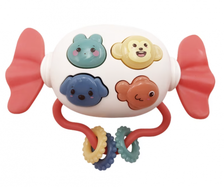 Jucarii interactive bebe - Jucarie interactiva bebelusi, cu muzica, lumini si parti moi de dentitie, bomboana roz