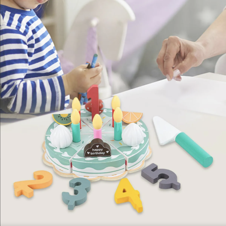 Jucarie lemn Tort aniversar Montessori, cu 24 accesorii, din lemn, verde [7]