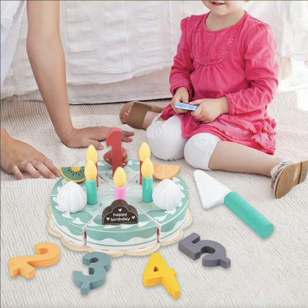 Jocuri si Jucarii - Jucarie lemn Tort aniversar Montessori, cu 24 accesorii, din lemn, verde