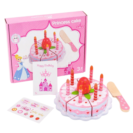 Jocuri si Jucarii - Set Tort Aniversar Din Lemn De Feliat Princess Cake Cu Capsuna Lumanari Si Platou Roz 3 Ani