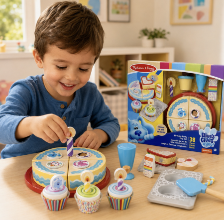 Jocuri si Jucarii - Set De Joaca Din Lemn Tort Aniversar Si Briose Cu Accesorii Decorare Blue's Clues 38 Piese 3 Ani