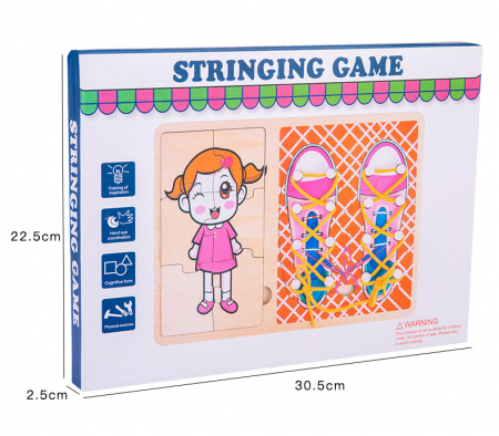 Jucarie Montessori 2 in 1, Puzzle fetita si Invata Sa Legi Sireturile, roz [2]