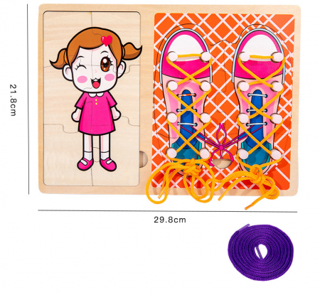 Jucarie Montessori 2 in 1, Puzzle fetita si Invata Sa Legi Sireturile, roz [3]