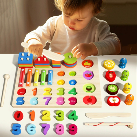 Jocuri si Jucarii - Jucarie Montessori 4 in 1 – Xilofon, Coloane sortator, Joc pescuit si Cifre, din lemn