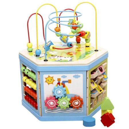Casute si cuburi cu activitati - Jucarie Montessori 8 in 1 - Centru de activitati Hexagon