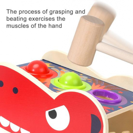 Jucarie Montessori Dinozaurul cu Xilofon si pista cu bile si ciocan, din lemn [5]