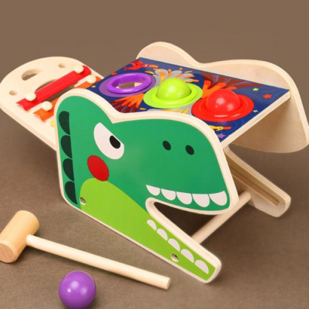 Jucarie Montessori Dinozaurul cu Xilofon si pista cu bile si ciocan, din lemn [4]
