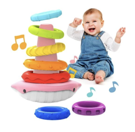 Jocuri si Jucarii - Jucarie muzicala Turnul Stacker Curcubeu cu 7 inele