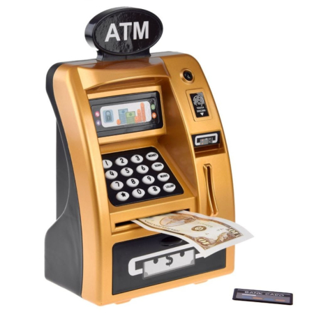 Jocuri si Jucarii - Jucarie Pusculita bancomat ATM cu amprenta, sunete si card, auriu, 24 cm