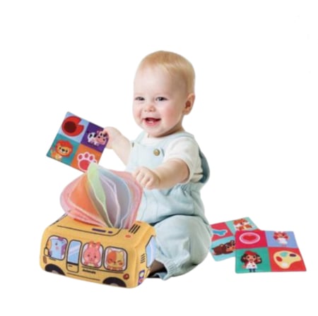 Jucarii pentru bebe - Jucarie Senzoriala Textila Bebelusi – Cutiuta cu servetele moi Autobuz