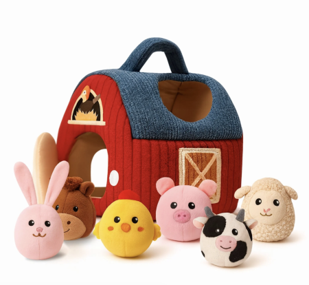 Jocuri si Jucarii - Jucarie senzoriala textila Ferma cu hambar si 6 animalute pentru bebelusi 6 luni+