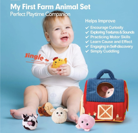 Jucarie senzoriala textila Ferma cu hambar si 6 animalute pentru bebelusi 6 luni+ [3]