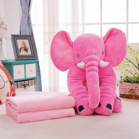 Plusuri pentru bebe - Jucarie si Perna cu Patura Din Plus Elefantul Puffy Roz
