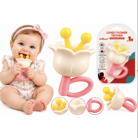 Jocuri si Jucarii - Jucarie De Dentitie Si Zornaitoare Bebe Lovely Flower Teether Duhoon Roz 0 Luni+