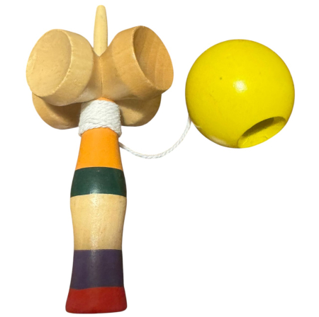 Kendama - Kendama cu 4 cupe, 18 cm, galben, din lemn