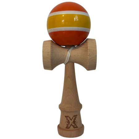 Jocuri si Jucarii - Kendama X original Super Sticky, 18 cm, portocaliu-alb-galben Stripes, din lemn