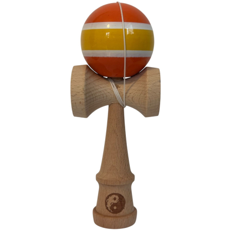 Jocuri si Jucarii - Kendama X original Super Sticky, 18 cm, portocaliu-alb-galben Stripes, din lemn