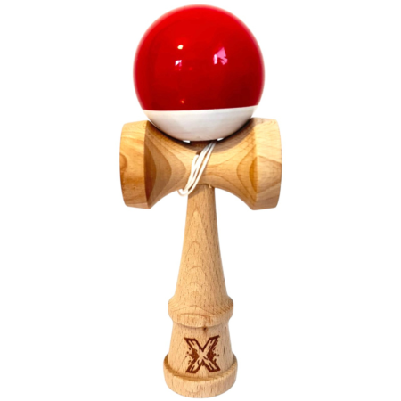 Jocuri si Jucarii - Kendama X original Super Sticky, 18 cm, rosu-alb, din lemn