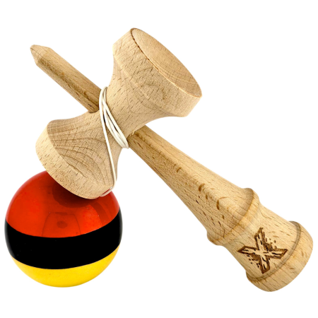 Jocuri si Jucarii - Kendama X original Super Sticky, 18 cm, galben-negru-rosu, din lemn
