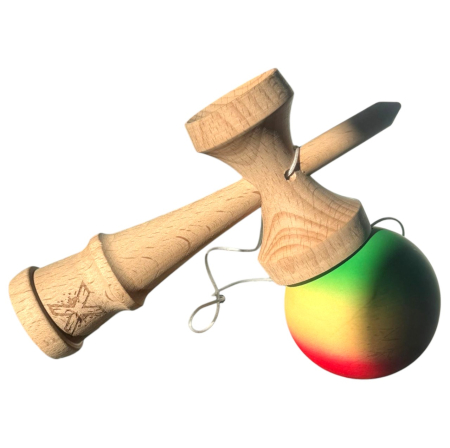 Jocuri si Jucarii - Kendama X cauciucata 18 cm, rosu-galben-verde, din lemn