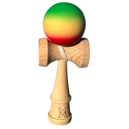 Jocuri si Jucarii - Kendama X cauciucata 18 cm, rosu-galben-verde, din lemn