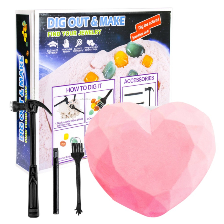 Jucarii educative si interactive - Kit excavare pietre pretioase, inima, cu unelte si pietre colorate, 6+ ani
