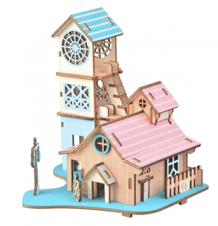 Seturi de constructie - Macheta 3D din lemn Casuta cu turn, 58 piese