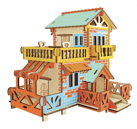 Seturi de constructie - Macheta 3D din lemn Cabana multicolora, 73 piese