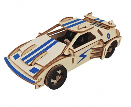 Seturi de constructie - Macheta 3D din lemn Masina de curse natur cu albastru, 61 piese