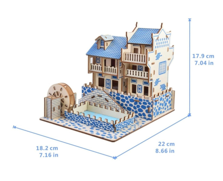Jucarii de stivuit si construit - Macheta 3D din lemn Vila albastra cu piscina, 63 piese