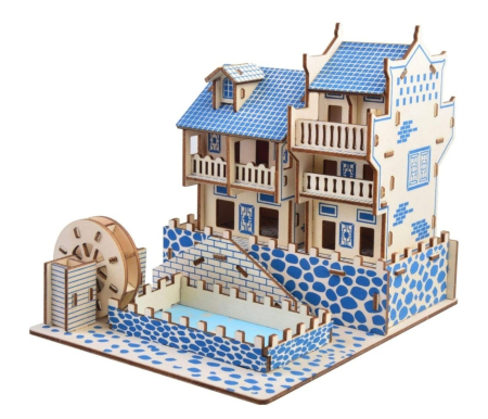 Jucarii de stivuit si construit - Macheta 3D din lemn Vila albastra cu piscina, 63 piese