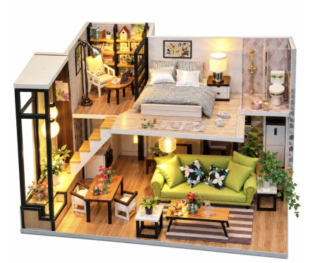 Jocuri si Jucarii - Macheta DIY M030 Casuta Miniaturala Din Lemn Pe Doua Niveluri Locuinta Moderna Mobilier Si Iluminare LED 14 Ani