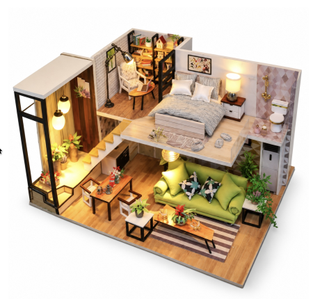 Macheta DIY M030 Casuta Miniaturala Din Lemn Pe Doua Niveluri Locuinta Moderna Mobilier Si Iluminare LED 14 Ani [2]