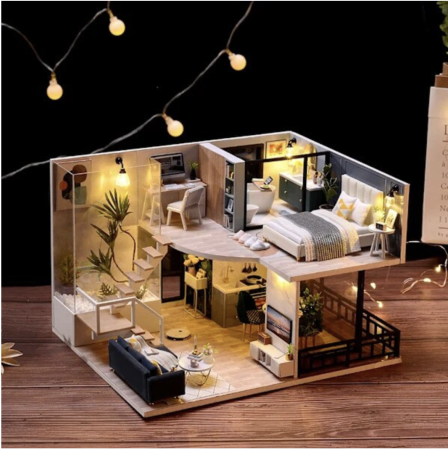 Jocuri si Jucarii - Macheta DIY L032 Casuta De Papusi Din Lemn Cu Mobilier Si Iluminare LED Material Non-Toxic 14 Ani