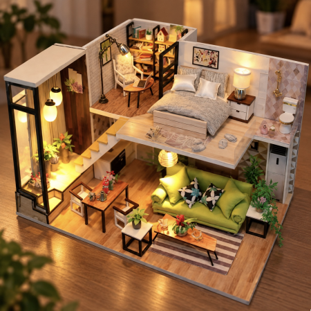 Jocuri si Jucarii - Macheta DIY M030 Casuta Miniaturala Din Lemn Pe Doua Niveluri Locuinta Moderna Mobilier Si Iluminare LED 14 Ani