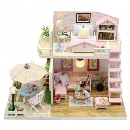 Jocuri si Jucarii - Macheta DIY mobilier casuta papusi cu 2 etaje, Pink Loft scara 1:24