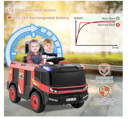 Masina electrica Pompieri copii 12V, 2 motoare, telecomanda, 30 kg, 3–8 ani [5]