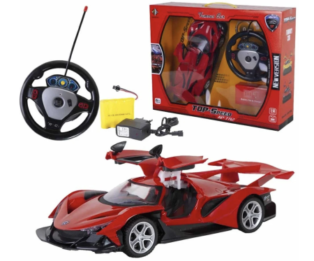 Jocuri si Jucarii - Masinuta de curse sport cu telecomanda tip volan, usi automate si acumulator, rosie, 35 cm, +6 ani