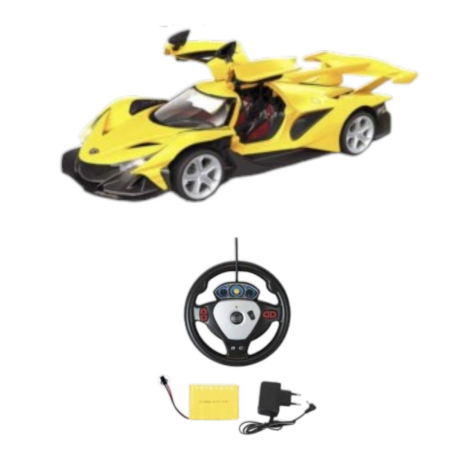 Jocuri si Jucarii - Masinuta de curse sport cu telecomanda tip volan, usi automate si acumulator, galben, 35 cm, +6 ani