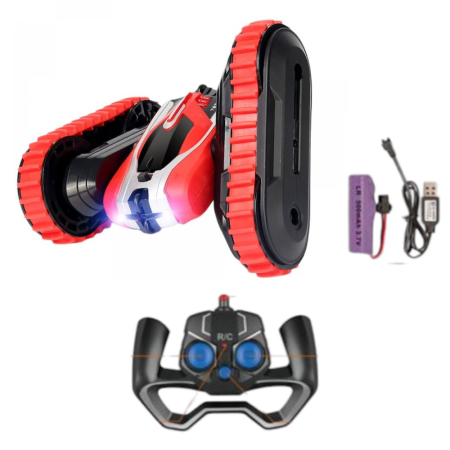 Jocuri si Jucarii - Masina cascadorie RC Stunt Car cu brat rasucit, telecomanda 2.4GHz si acumulator, rosu