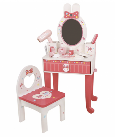 Moda - Mese de frumusete si accesorii - Masuta de frumusete cu oglinda, scaunel si accesorii, Iepurasul Red, din lemn