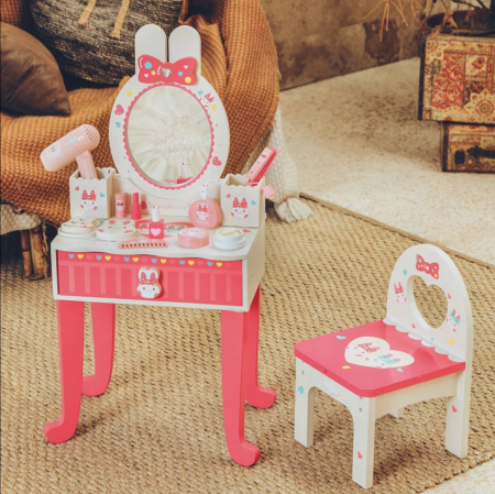 Moda - Mese de frumusete si accesorii - Masuta de frumusete cu oglinda, scaunel si accesorii, Iepurasul Red, din lemn